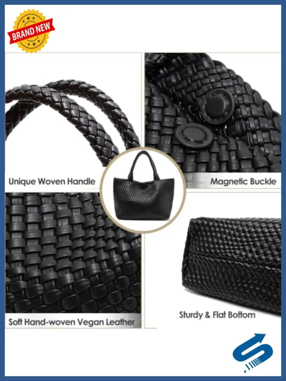 Handwoven Vegan Leather Tote Bag with Pouch Women Shoulder Purse